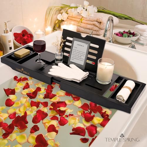 Temple Spring Bamboo Bathtub Tray Caddy for Tub — Expandable Wood Bath Tray with Solid Book Stand Wine Holder and Non-Slip Pads — Includes Bamboo Soap Dish and Spa Accessories — Luxury Bath Gift Set - color: Black