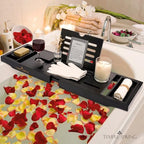 Temple Spring Bamboo Bathtub Tray Caddy for Tub — Expandable Wood Bath Tray with Solid Book Stand Wine Holder and Non-Slip Pads — Includes Bamboo Soap Dish and Spa Accessories — Luxury Bath Gift Set - color: Black