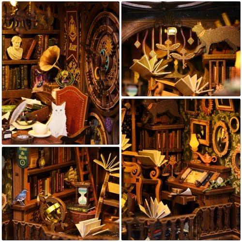 Book Nook Kit, Book Nook Kits for Adults DIY Booknook Model Build, DIY 3D Wooden Puzzle Bookend Booknook Bookshelf Insert Miniature Dollhouse Kit for Home Decoration - style: Magic Time Library