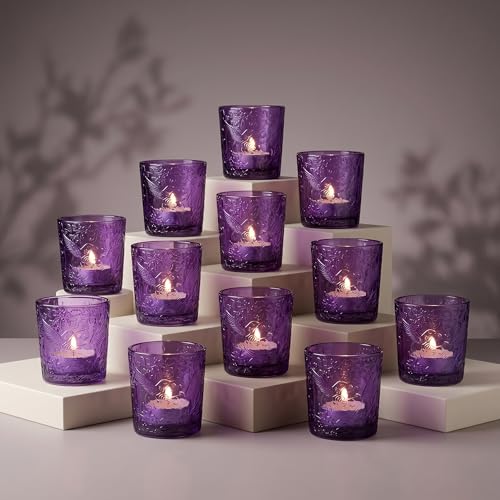12 Pack Hummingbird Embossed Glass Candle Holders – Votive Tealight Holders with Patent Design, Decorative Embossed Glass Cups for Wedding Centerpieces, Parties, and Home Décor (Amethyst Bloom) - color: Amethyst Bloom