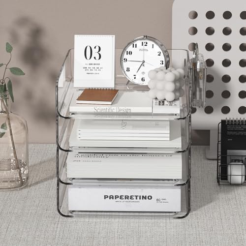 FANXIYQ 4-Tier Acrylic Paper Tray Organizer with Pen Holder | Clear Stackable Desk Organizer for Documents, Letters, A4 Paper | Modern Office/Classroom/Home Organization - color: 4-tier-vertical With Pen Holder
