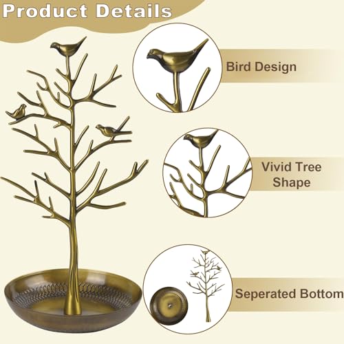 ChezMax Jewelry Display Necklace Earring Organizer Holder Metal Birds Tree Stand with Tray Antique Bracelet Rings Rack Tower Decoration for Women Girl 11.8 Inch - color: B-Metal Antique Greenish