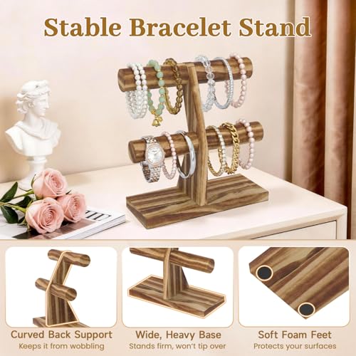 MODOWEY Bracelet Holder Organizer Display Stand, 2 Tier Wooden T Bar Bangle Rack for Dresser, Small Jewelry Hanger with Rod for Vendor Selling, Desktop Jewellery Tree for Home Business, Rustic Brown - color: Rustic wood