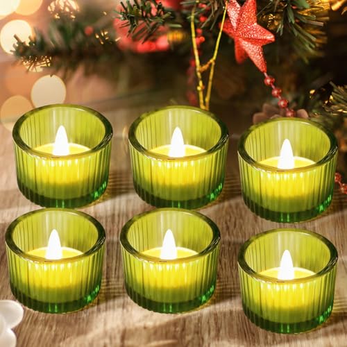 JOYIT Green Votive Candle Holders Bulk Set of 6, Tealight Candle Holder for Wedding Table Centerpiece, Glass Small Candle Holders for Birthday Party, Valentine's Day, Home Decor (2''X 1.4'') - color: Green