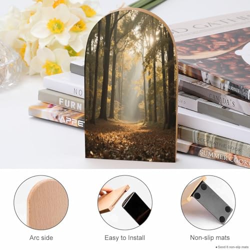 Personalized Wood Book Ends Metal Base Autumn Forest Path Printing Bookend Modern Heavy Duty Bookends for Home Or Office 1 Pair - color: Autumn Forest Path