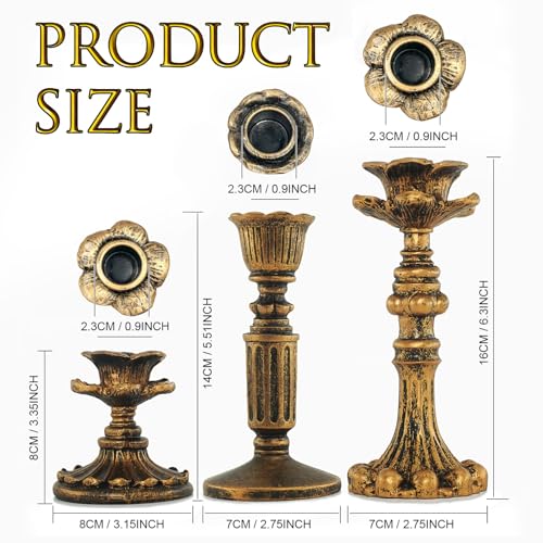 GEMLORD 6 Pcs Vintage Candlestick Holders for Taper, Resin Candle Holder Retro Antique Bronze Candle Holder for Wedding Party Anniversary Table Fireplace Home Decoration (3 Style)