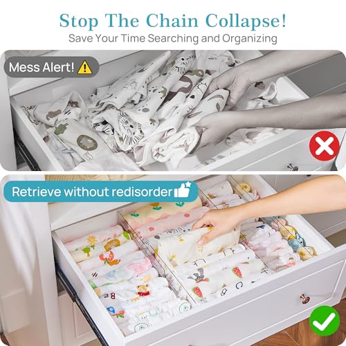 Vtopmart 12 Pack Drawer Dividers for Clothes, 4" High 10.2"-16.5" Adjustable Expandable Dresser Drawer Organizer, Clear Plastic Separators for Dresser, Baby Clothing, Underwear, Cosmetic, Toiletries - size: 4" H,10.2-16.5" L