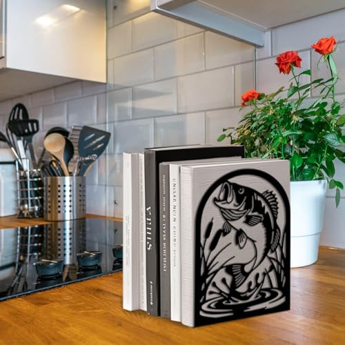 Peacoblue Metal Bookends for Shelves, Modern Decorative Heavy Duty Study Book Ends Stoppers for Office, Desk, Shelf, Room 5.3"x4.3"x7.9" Cast Iron Simple Tall Bookends 1 Pair (Fish) - style: Fish