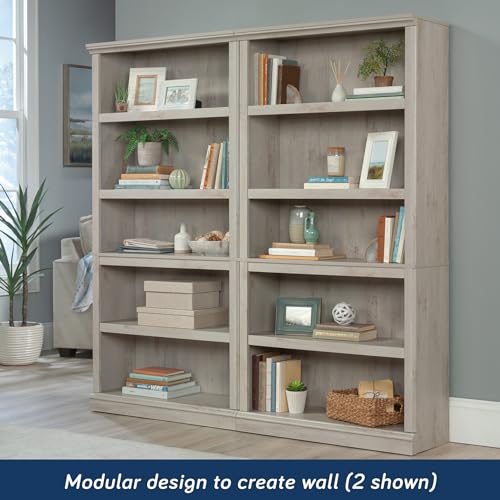 Sauder 5 Tier Book Shelf Wooden Bookcase Multipurpose Bookshelf for Home Office, Living Room, in Chalked Chestnut - color: Chalked Chestnut