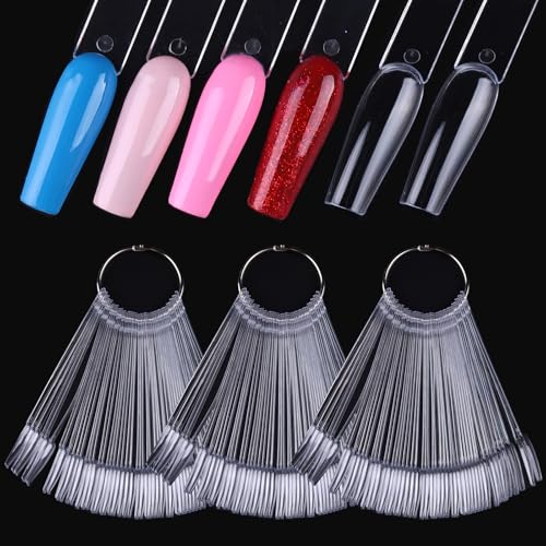 150 Pcs Nail Swatch Sticks with Ring, Clear Coffin Nail Polish Swatch Sticks, Ballerina False Nail Sample, Nail Practice Color Display Board Accessories for Home or Salon Use - color: Clear Ballerina Shaped