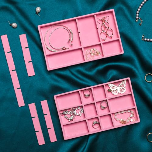 Frebeauty Jewelry Organizer Tray,Stackable Velvet Jewelry Trays,Drawer Inserts Earring Organizer For Women Jewelry Storage Display Case for Rings Stud Necklaces,Set of 4(Pink) - color: Pink, size: Set 4