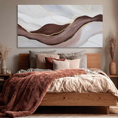 Hue7Art Modern Neutral Canvas Wall Art Abstract Flow Design in Gray White and Warm Brown, Contemporary Artistic Wall Decor for Living Room Bedroom Entryway Space 29x58 Inch - color: White and brown and gold, size: 58"L x 29"W