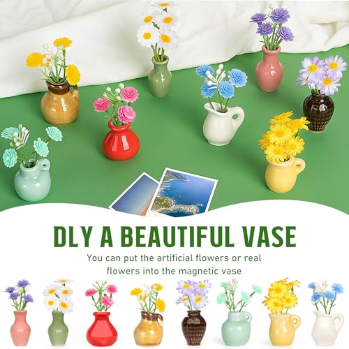 8PCS Mini Ceramic Vase Fridge Magnets, Cute Tiny Flower Vase Fridge Magnets with Artificial Flowers for Refrigerator Office and Kitchen Cabinet Decoration