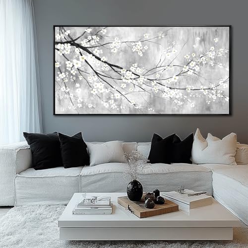 WINKAILIN Large 29"x58" White Black and Gold Plum Blossom Canvas Black Frame Wall Art Minimalist Flower Poster Decorative Artwork for Living Room Bedroom Office Kitchen Walls - color: Black and White, size: 58"L x 29"W