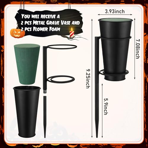2 Sets Metal Cemetery Flower Vase with Stake for Grave, Flower Holder in Base Graveyard Vase with Floral Foam for Grave Decoration, Black