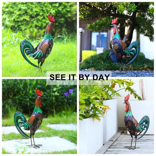 Solar Rooster Statue Light Outdoor, 18" Metal Yard Art Rooster Figurines(Retro Rooster). - style: Retro Rooster
