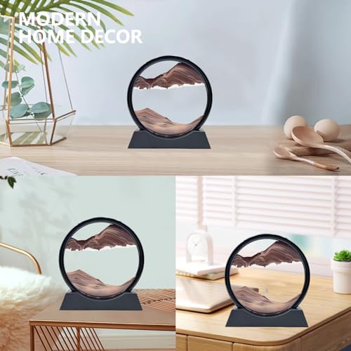 Moving Sand Art Liquid Motion, 3D Deep Sea Sandscape Color Quicksand Decor, Round Glass Moving Sand Art Picture Relaxing Desktop Home Office Work Decor (7 inch-Coffee) - color: Coffee, size: 7 inch