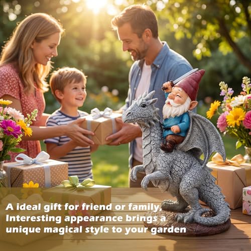 EXYGLO Gnome Garden Statue Decor, 9.7" Gnome Riding Dragon Outdoor Funny Decoration for Lawn, Patio, Yard, and Unique Housewarming, Birthday Ornament Gift for Boys, Friend, Family