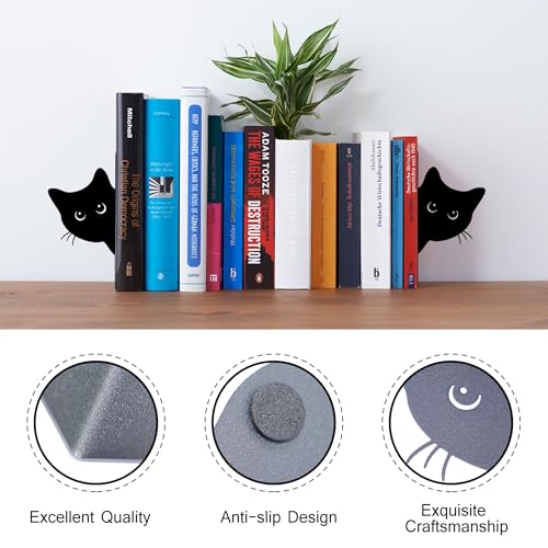 Bookends Metal Cat Book Ends, 1 Pairs Cute Bookends for Shelves Decorative for Home Office Desk Bookshelf Decor (Black, Full-face) - color: Cat-full Face