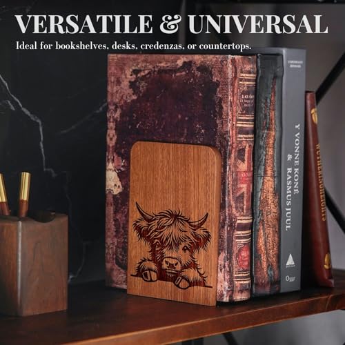Highland Cow Gifts for Women, Scottish Cow Bookends, Heavy Duty Wooden Bookends for Shelves Decorative(1 Pair, 4.72x6.69 Inches) - Peek - color: Peek