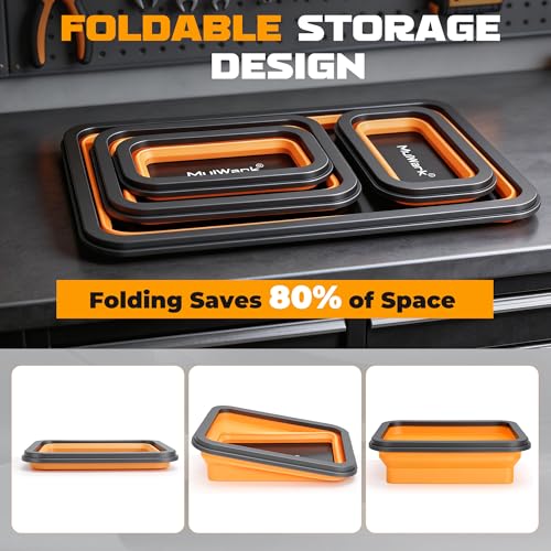 Mulwark 4Pcs Collapsible Magnetic Tray with 15Lb Magnetic Pickup Tool, 3 Sizes Silicone Magnetic Parts Tray for Organizing Screw Bolts Nuts Washers Pins and Other Small Metal Parts