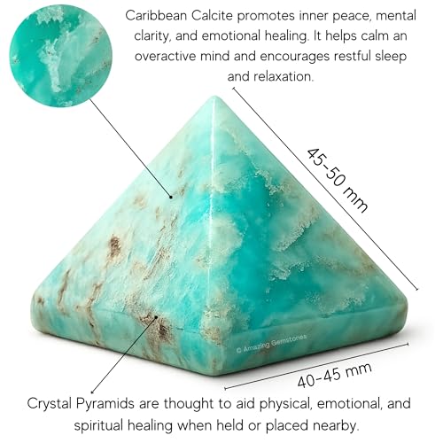 Amazing Gemstone Carribean Calcite Pyramid Crystal Healing Stones - 2" Great Pyramid Figurine of Natural Stone Pyramid for Meditation, Reiki, Chakra Balancing and Crystal Pyramids Grid - color: Carribean Calcite