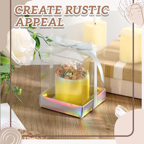Cunno 36 Set 3.5 x 3.5 x 4.3 in Candle Gift Package Valentine's Transparent Box 4-18 oz Handmade Tealight Candle Holder Paper Bottom Ribbon for Wedding Baby Shower Party Mug(Silver) - color: Silver