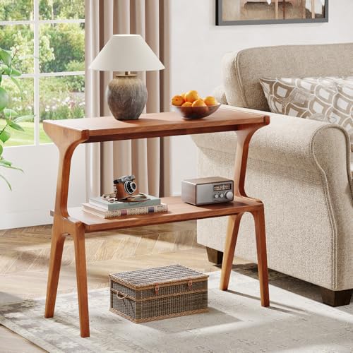 Tribesigns Solid Wood End Table, Modern Side Table for Couch, 2-Tier Narrow Tall End Table, Long Bedside Table for Living Room, Bedroom, Walnut - color: Walnut
