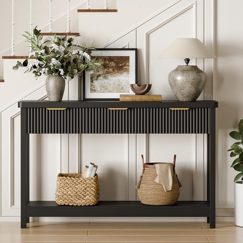 Lulive 51" Fluted Console Table for Entryway, Entryway Table with 3 Wooden Drawers, Farmhouse Behind Sofa Table for Living Room, Hallway, Couch, Foyer - color: Black