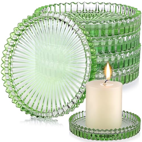 Honeydak Sage Green Glass Pillar Candle Holder Plates 4'' Round Glass Candle Tray Round Coasters for Table Centerpiece Wedding Party Home Bridal Shower Thanksgiving Christmas Decor(6 Pcs) - color: Sage Green