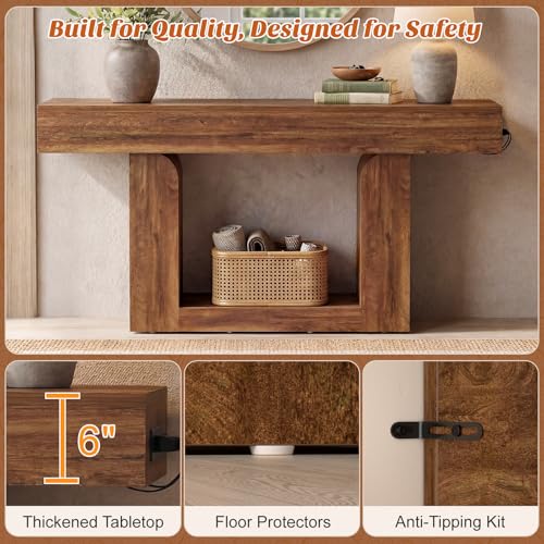 Homieasy Console Table, 63" Entryway Table with LED Lights & Charging Station, Farmhouse Wooden Sofa Table Behind Couch, Narrow Hallway Table for Living Room, Foyer, Entry, Rustic Oak - color: Rustic Oak, size: 63"