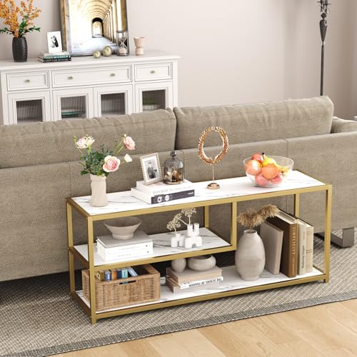 Function Home TV Stand for TVs up to 55 Inch, 3 Tier Entertainment Center, Media Console with Open Storage Shelves for Living Room Bedroom, 47” Modern TV Table with Faux Marble Top Gold Metal Leg - color: 47" Gold