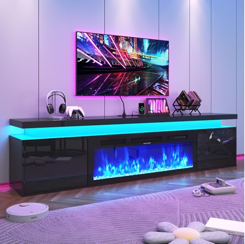 80" tv Stand w/ 40" Fireplace Up to 90" TVs,High Gloss LED Fireplace TV Stand Entertainment Center for 75/80/90 inch TV, Modern Media TV Console Cabinet for Living Room,Black - color: Black, size: 80" TV Stand with 40" Fireplace