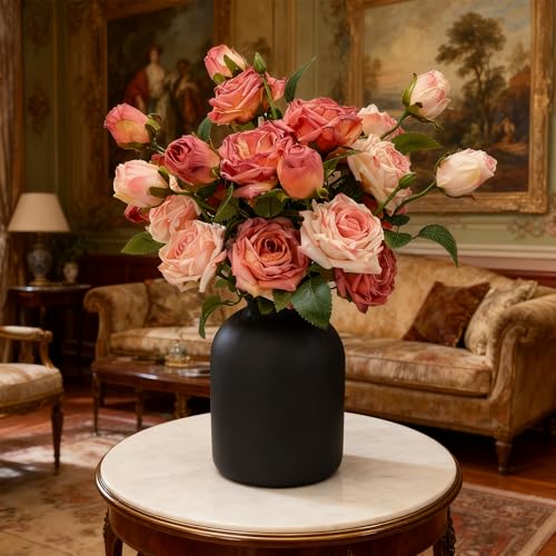 Artificial Flowers with Vase, 15 Heads Silk Roses, Flowers for Centerpieces, Matte Black Metal Vase, Modern Farmhouse Decor, Tabletop Decorations for Party, House Stuff for New Home, 8.6"