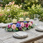 Svndlyn 25 Inch Artificial Floral Centerpiece with 3 Candle Holders Peony & Rose Arrangement for Dining Room Table Pink Purple & Blue Spring Decor (Fits 3" Candles, Candles Not Included)
