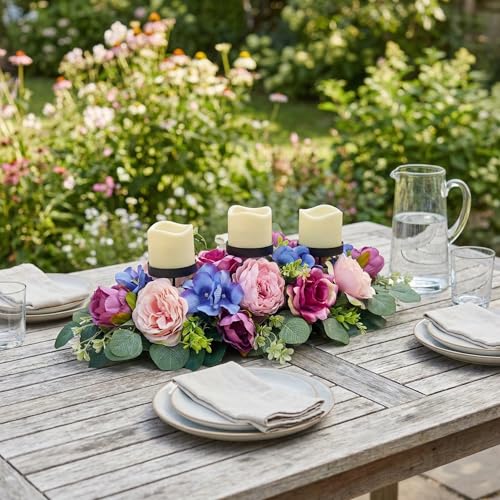 Svndlyn 25 Inch Artificial Floral Centerpiece with 3 Candle Holders Peony & Rose Arrangement for Dining Room Table Pink Purple & Blue Spring Decor (Fits 3" Candles, Candles Not Included)