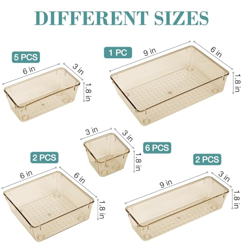 StorMiracle 16 PCS Drawer Organizer Set, 5 Varied Size Bathroom and kitchen Drawer cabinet organizer Trays, Clear Storage Bins for Makeup, Jewelry, Utensils and Gadgets, Champagne - color: Champagne, size: 16 PCS