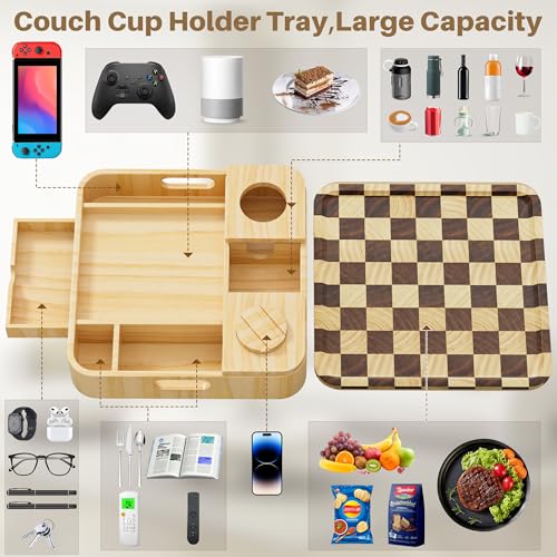 Couch Cup Holder, Checkered Couch Tray Cup Holder Sofa Tray, Large Capacity 2-Tier Wooden Trays with Drawer for Sofa, Bed, Picnic, Drinks, Remote, Cell Phone,TV Trays (Solid Pine Wood)12.5*12.5 in - color: Pine Wood + Checkered