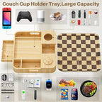 Couch Cup Holder, Checkered Couch Tray Cup Holder Sofa Tray, Large Capacity 2-Tier Wooden Trays with Drawer for Sofa, Bed, Picnic, Drinks, Remote, Cell Phone,TV Trays (Solid Pine Wood)12.5*12.5 in - color: Pine Wood + Checkered