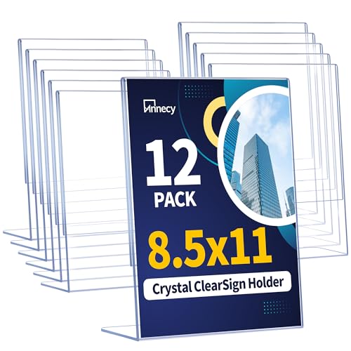 Annecy Sign Holder 8.5 x 11, 12 Pack, L Shape Plastic Clear Sign Stand for Display, Double-Sided, Slanted Back Design, Wide Use Plastic Material