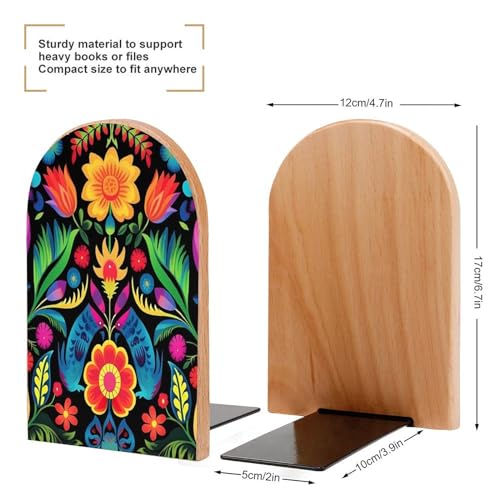 2 PCS Wood Book Ends,Mexican Style Colorful Striped Flower Bookends for Shelves Non Skid Book Ends for Office Home Kitchen, Bookends for Holiding Books 5x3 Inch