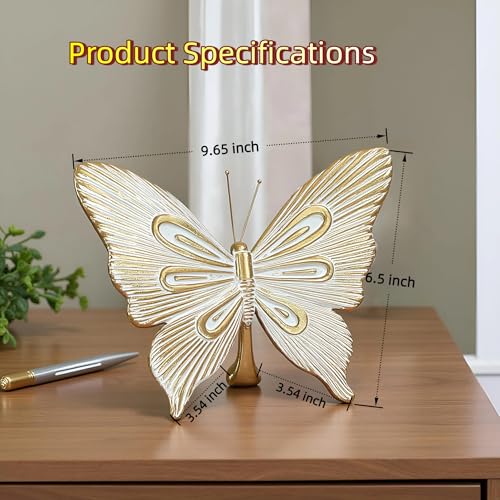 Dwelloria Gold Butterfly Sculpture Decor, Elegant Metal Look Butterfly Desktop ornaments, Modern White & Gold Butterfly Home Accent for Living Room, Bedroom, Entryway, Nature Inspired Decorative Ornament