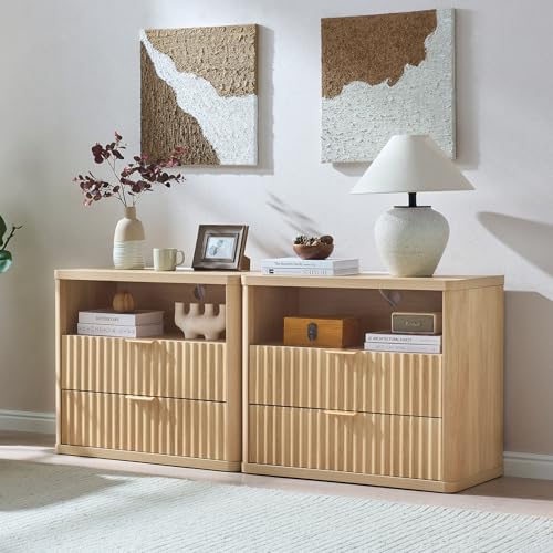 LEYAOYAO 31" Wide Fluted Nightstand with Charging Station, Oversized Extra Large 2 Drawers Night Stand,Natural Wood Bedside Table,Tall Bed Side End Tables,Modern Chest of Drawers Dressers for Bedroom - color: Natural, size: 2 Drawers
