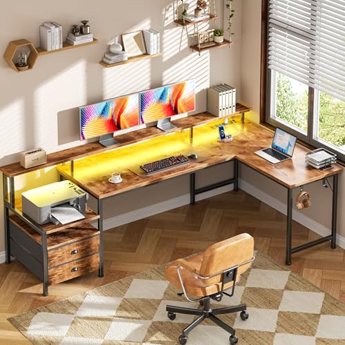 66'' L Shaped Desk with Power Outlets and USB-C Port, Reversible Office Desk with drawers and Storage Shelves, Computer desk with Led Lights and Host stand for Home Office, Gaming, Work, Rustic Brown - color: Rustic Brown