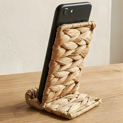 Hylara Handwoven Wicker Phone Stand for Desk - Natural Water Hyacinth Cell Phone Holder, Boho Desk Decor & Accessories, Universal Woven Stand for Home Office, Kitchen, and Nightstand