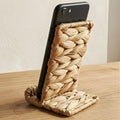 Hylara Handwoven Wicker Phone Stand for Desk - Natural Water Hyacinth Cell Phone Holder, Boho Desk Decor & Accessories, Universal Woven Stand for Home Office, Kitchen, and Nightstand