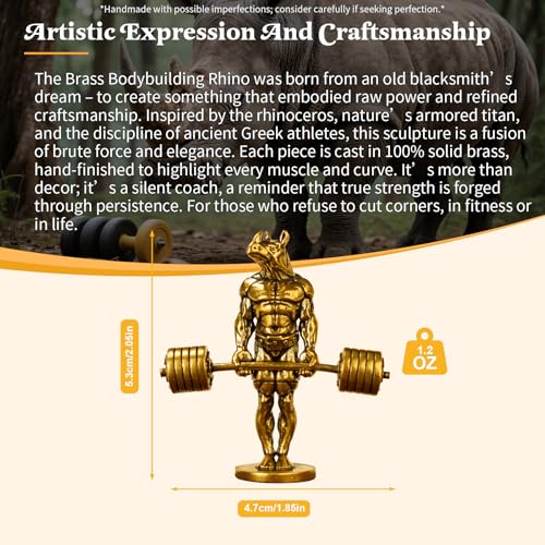 CHOVY 100% Solid Brass Bodybuilding Rhino Sculpture - Handcrafted Weightlifting Animal Statue, Vintage Gym & Fitness Decor, Masculine Office Desk Art, Unique Gift for Bodybuilders & Collectors - style: Fitness Rhino