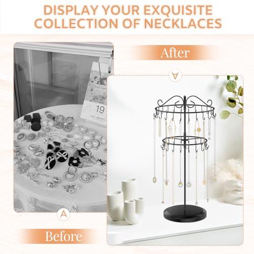 iDavosic.ly 2 Tier Rotating Necklace Holder Organizer with 42 Hooks, Adjustable Metal Bracelet Display Stand Rack, Extra Tall Keychain Spinning Tree Tower for Women, Black - color: Black