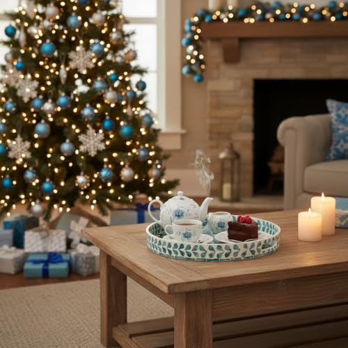 PEMAR 12.6” Mother of Pearl Round Serving Tray with Handles, Decorative Nacred Wooden Ottoman Coffee Table Tray (Teal Floral Pattern) - color: Teal Floral