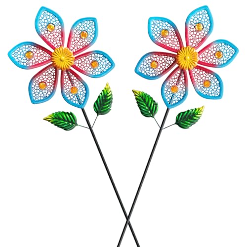 2 Pack Metal Wind Spinners for Garden Decor - Outdoor Windmill Sculptures, Durable Yard Art Wind Spinners Metal Wind Spinner for Patio Lawn Ornament, Vibrant Red & Blue Garden Spinners - color: 2 Paks Blue Red